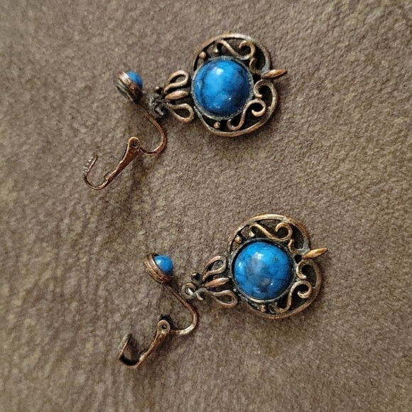 VTG Western copper faux turquoise dangle clip-on earrings - Picture 5 of 7